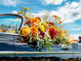 Classic car adorned with vibrant flowers at a sunny outdoor event photo