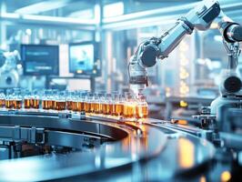 Robot arm working on a pharmaceutical production line photo