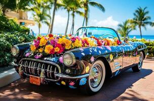 Colorful vintage convertible adorned with flowers by the beach photo
