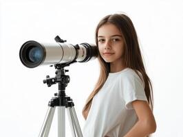 Young girl exploring astronomy with telescope indoors photo