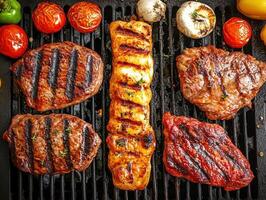 Grill marks highlight a variety of meats cooking on the barbecue photo