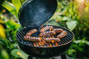 Sausages grilling on a barbecue in a lush garden setting photo