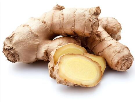 Fresh ginger root with sliced pieces displayed on white background photo