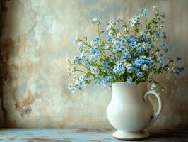 Flowers in a white pitcher on a rustic table with a soft background photo