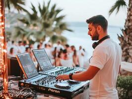 Sunset beach party with DJ playing lively music by the ocean photo