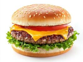 Delicious cheeseburger with sesame seed bun on a white background photo