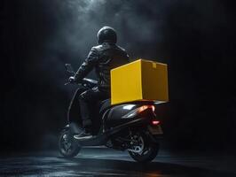 Delivery rider on scooter with yellow box during nighttime photo