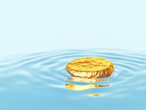 Gold coin floating gently on water surface creating ripples photo