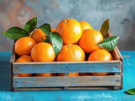 Fresh oranges stacked in a wooden crate on a blue table photo