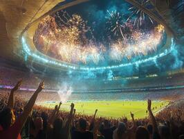 Exciting night of celebration at the stadium with fireworks photo