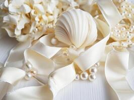 Decorative white shell and ribbons on a textured surface photo