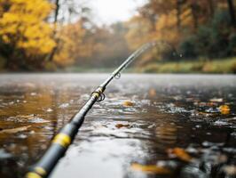 Fishing rod in calm water surrounded by autumn leaves photo