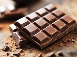 Delicious dark chocolate bars on a wooden surface with shavings photo