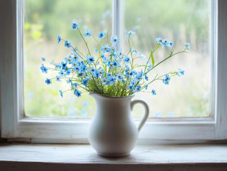 Blue flowers in a white pitcher on a windowsill in sunlight photo