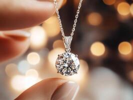 Elegant diamond pendant held delicately against shimmering lights photo