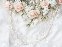 Elegant floral arrangement with lace and pearls on soft fabric photo