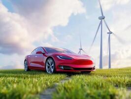 Electric car in a green field near wind turbines during sunset photo