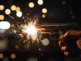 Gun firing sparks at night with blurred city lights in background photo