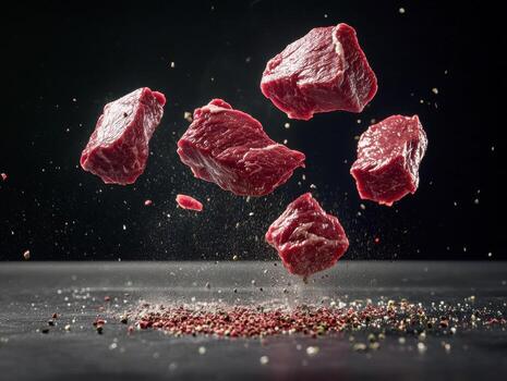Floating pieces of raw beef with spices for a culinary dish photo