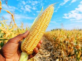 Freshly harvested corn ear in sunny farm field environment photo