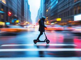 Scooter rider navigating a rainy city street during rush hour photo