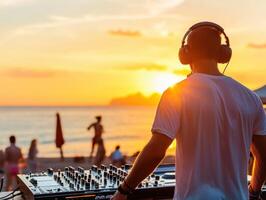 Sunset beach party with DJ creating vibrant atmosphere photo