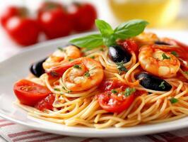 Spaghetti with shrimp and tomatoes photo