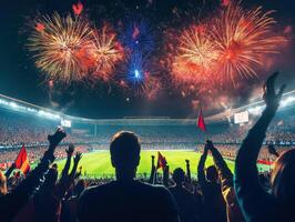 Crowd celebrates with fireworks during a soccer match at night photo
