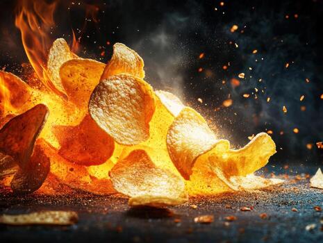 Crunchy potato chips explode in fiery burst during cooking process photo