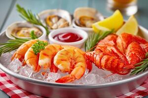 Elegant seafood platter featuring lobster, prawns, and clams served in upscale restaurant on ice with dipping sauces. Sea food platter adorned with fresh lobster, succulent prawns, and tender clams photo