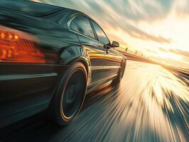 Fast car driving on a wet road during sunset in a vibrant location photo
