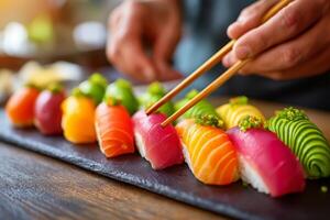 Masterful hands prepare colorful sushi with raw tuna and salmon, culinary skill and fresh ingredients. Chef's hands decorate sushi using vibrant raw tuna and salmon in a stylish modern kitchen photo