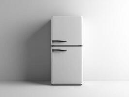 Classic white refrigerator stands against a plain wall photo
