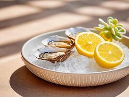 Fresh oysters on crushed ice with lemon wedges served on a neutral background in high-quality detail. arrangement of fresh oysters rests on a bed of crushed ice, accompanied by bright lemon wedges photo