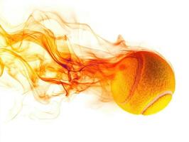 Tennis ball traveling at high speed with flames in the background photo