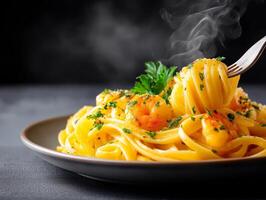 Fork twirling spaghetti with shrimp and creamy sauce in a dark moody setting, copy space. fork twirls perfectly cooked seafood pasta, blended with succulent shrimp and a creamy sauce photo