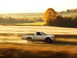 Pickup truck driving through golden fields during sunset photo