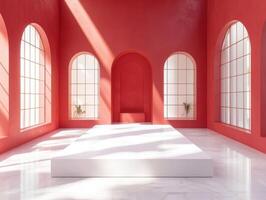 Modern interior design with red walls and white platform stage photo