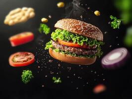 Delicious burger with fresh vegetables floating in air photo