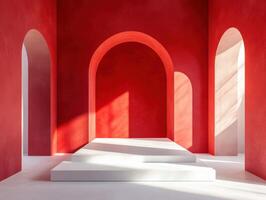 Modern interior design with red walls and white features photo