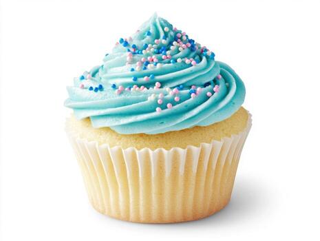 Cupcake with blue frosting and colorful sprinkles on white background photo