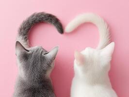 Two cats create heart shape with their tails on pink background photo