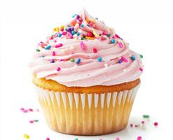 Delicious cupcake with pink frosting and colorful sprinkles photo
