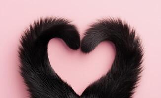 Black fur tails forming a heart shape on pink background photo