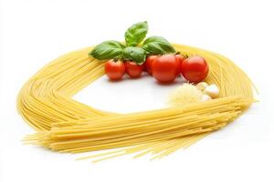 Fresh ingredients for a delicious pasta dish with tomatoes and basil photo