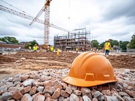 Construction site with workers and equipment under cloudy sky photo