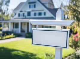 Real estate sign in front of a beautiful house on a sunny day photo