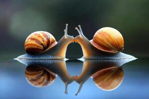 Snails explore a mirror-like surface at twilight in nature photo