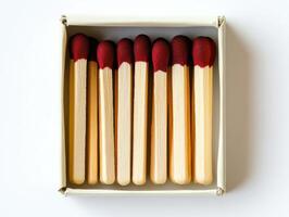 Matches grouped in a box with striking heads visible photo