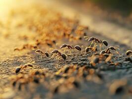 Ants forage together during golden hour near a sunlit surface photo